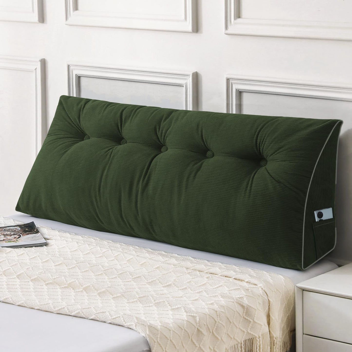 Kaymarli Queen Size Wedge Headboard Pillow Set with 2 Bolster Pillows, Velvet Back Support Reading Pillow with Removable Washable Cover