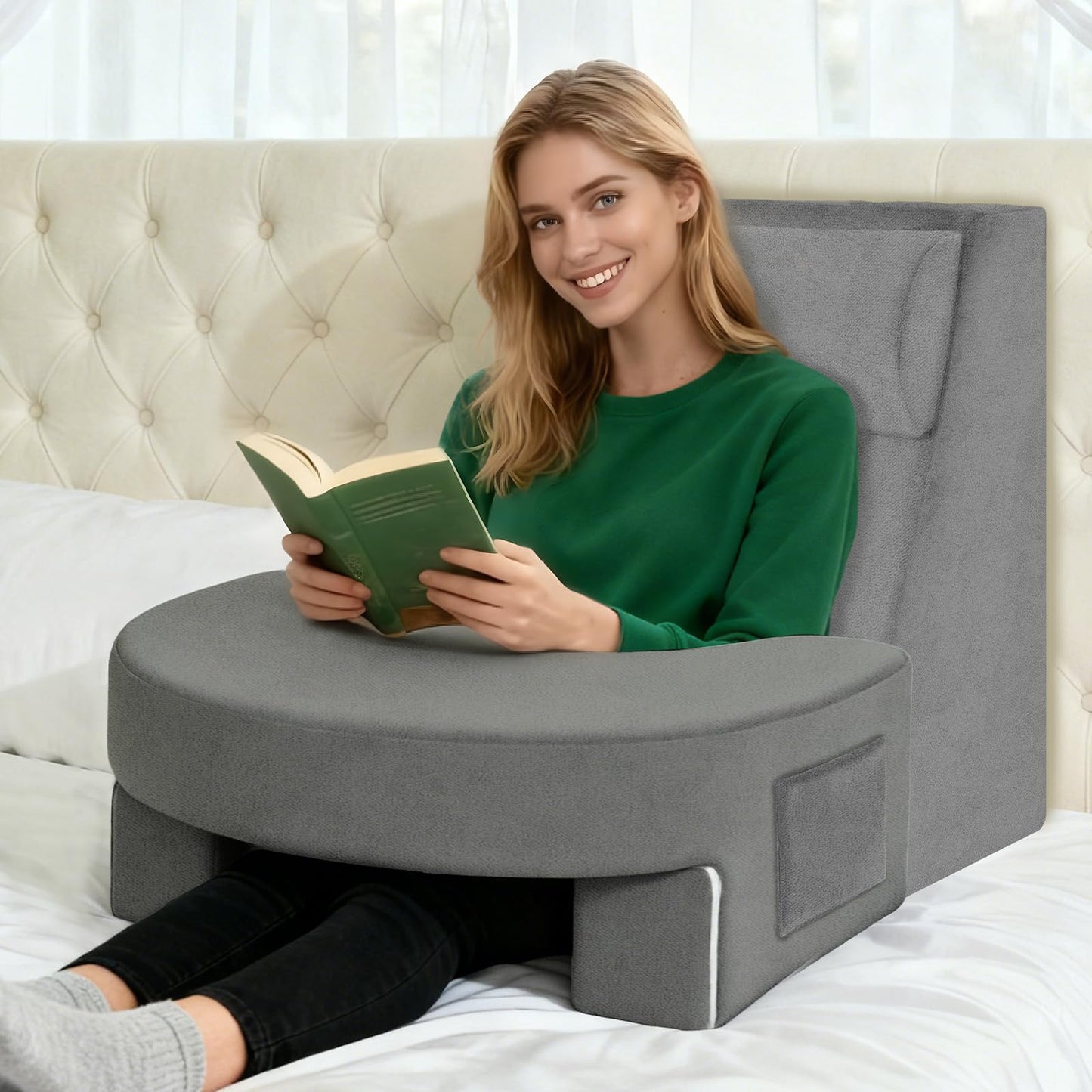 Kaymarli Adjustable 3-Piece Reading Wedge Pillow Set with Laptop Tray, Modular Bed Rest Support System with Side Pockets