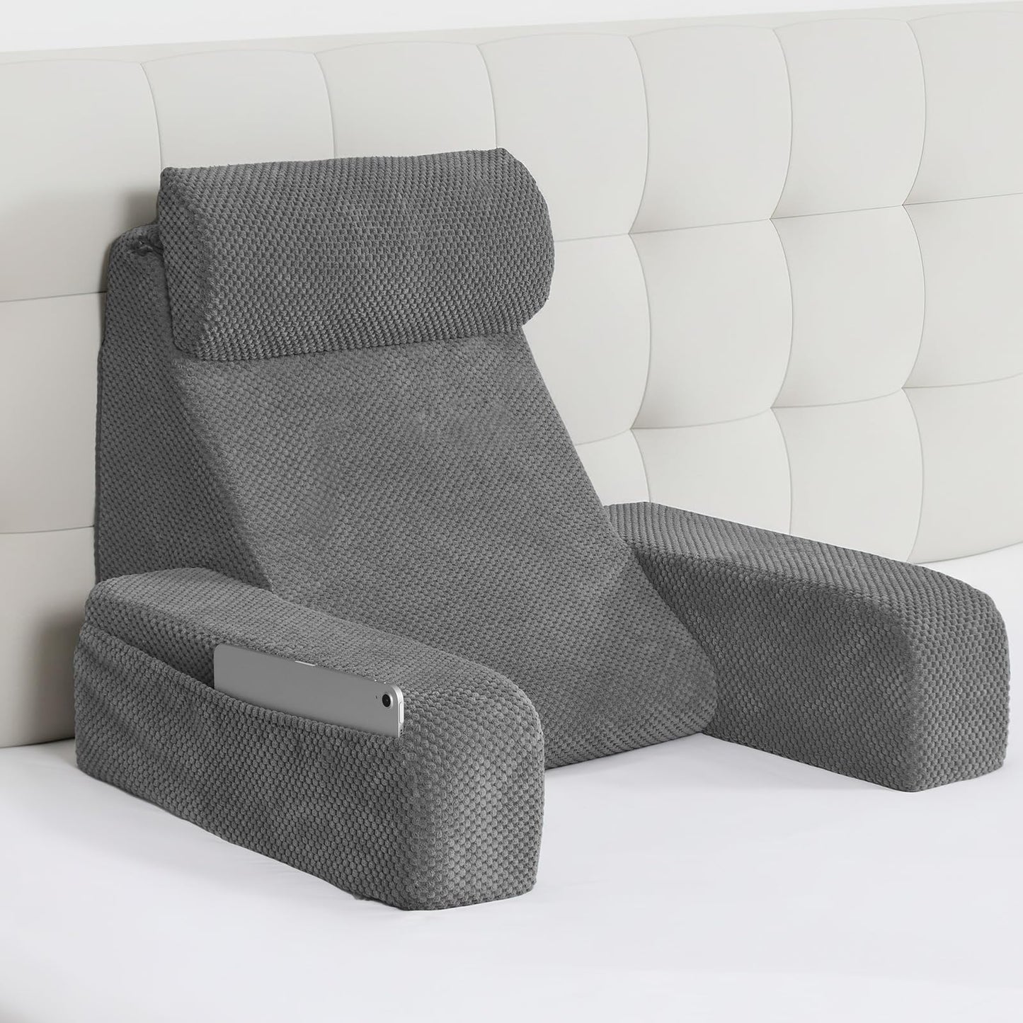 Kaymarli 19-Inch Wedge Reading Pillow with Removable Arms, Bed Rest Back Support Pillow with Side Pockets
