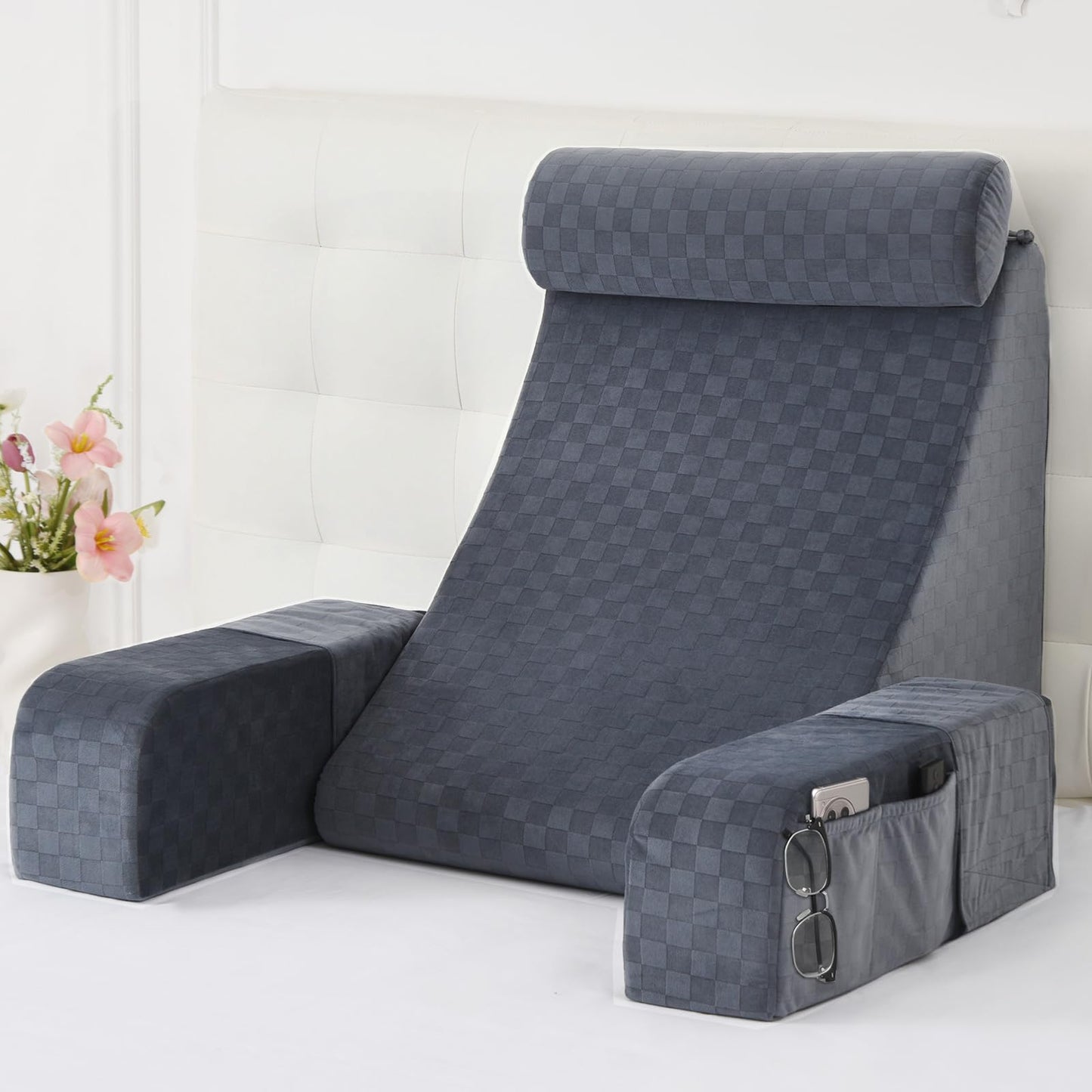 Kaymarli 19-Inch Wedge Reading Pillow with Removable Arms, Bed Rest Back Support Pillow with Side Pockets