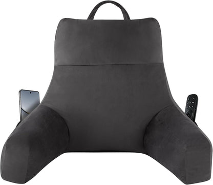 Kaymarli 18-Inch Shredded Memory Foam Reading Pillow with Arms, Velvet Bed Rest Back Support Pillow with Side Pocket