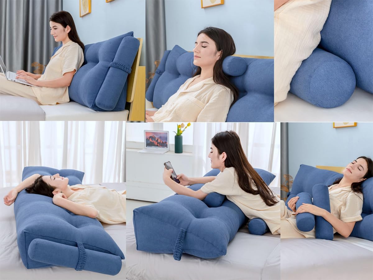 Kaymarli Queen Size Velvet Headboard Wedge Pillow Set with 2 Detachable Neck Rolls and Removable Washable Cover