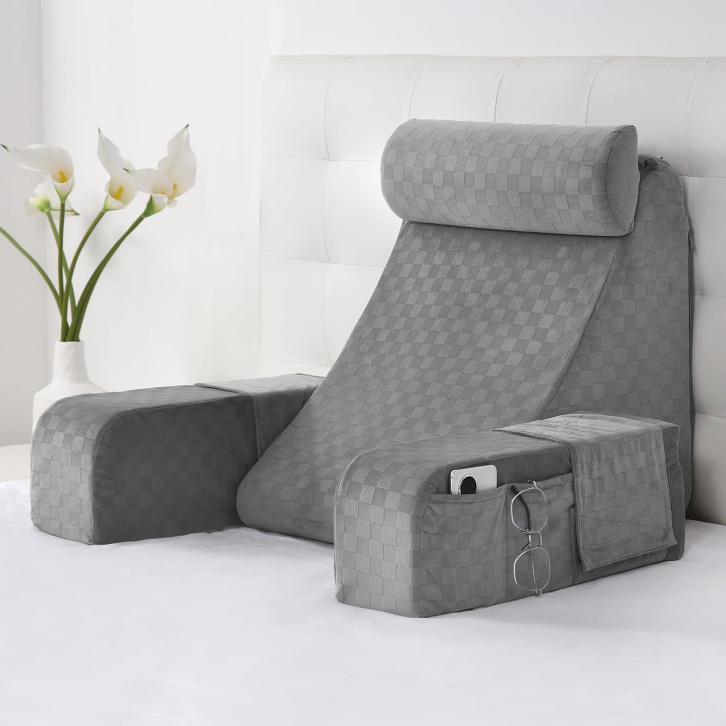 Kaymarli 19-Inch Wedge Reading Pillow with Removable Arms, Bed Rest Back Support Pillow with Side Pockets