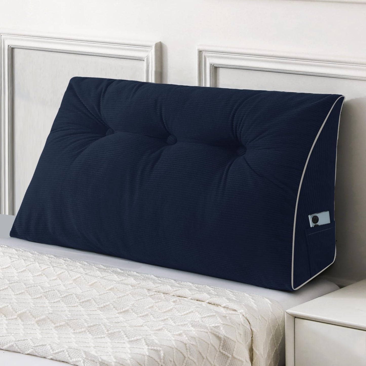 Kaymarli Queen Size Wedge Headboard Pillow Set with 2 Bolster Pillows, Velvet Back Support Reading Pillow with Removable Washable Cover