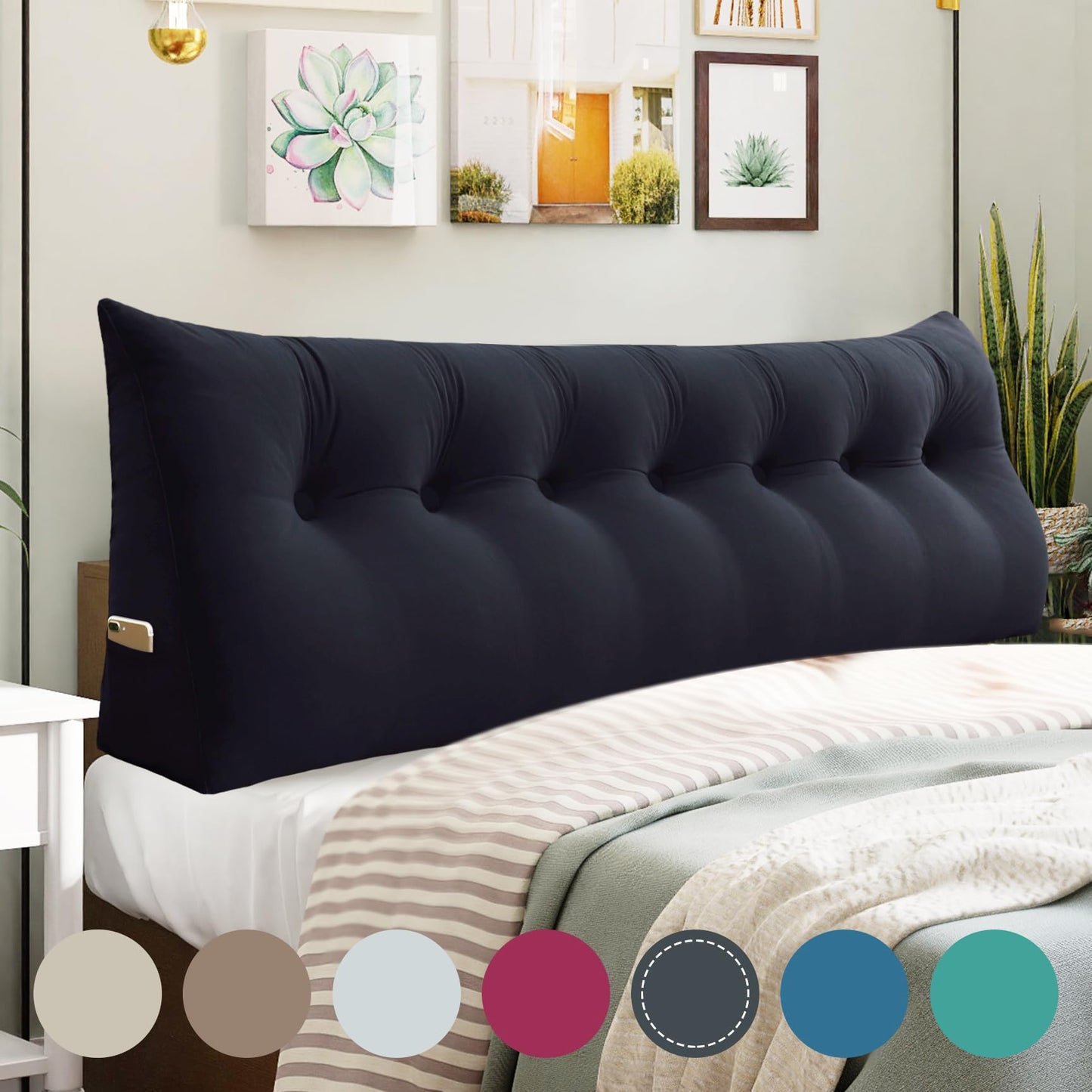 Kaymarli Queen Size Wedge Headboard Pillow with Side Pockets, Velvet Back Support Reading Pillow with Removable Washable Cover