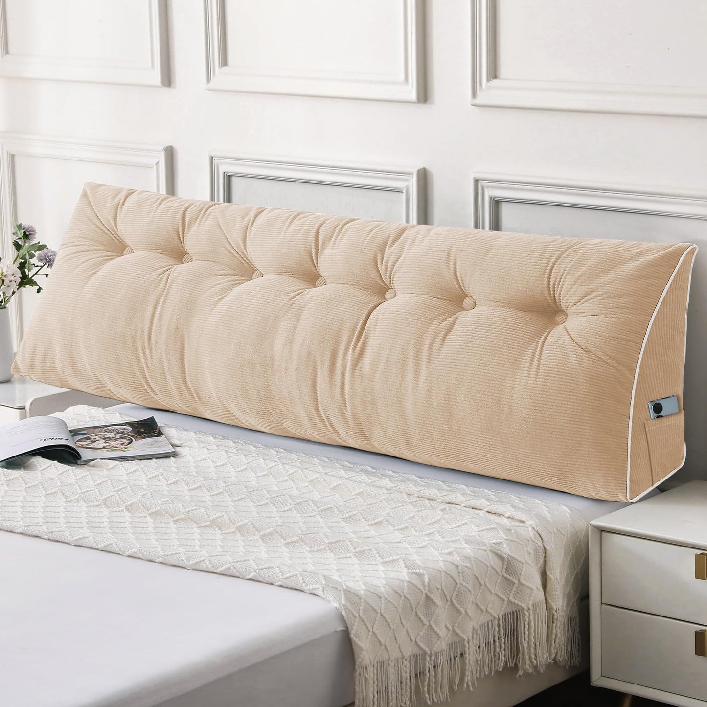 Kaymarli Queen Size Wedge Headboard Pillow Set with 2 Bolster Pillows, Velvet Back Support Reading Pillow with Removable Washable Cover