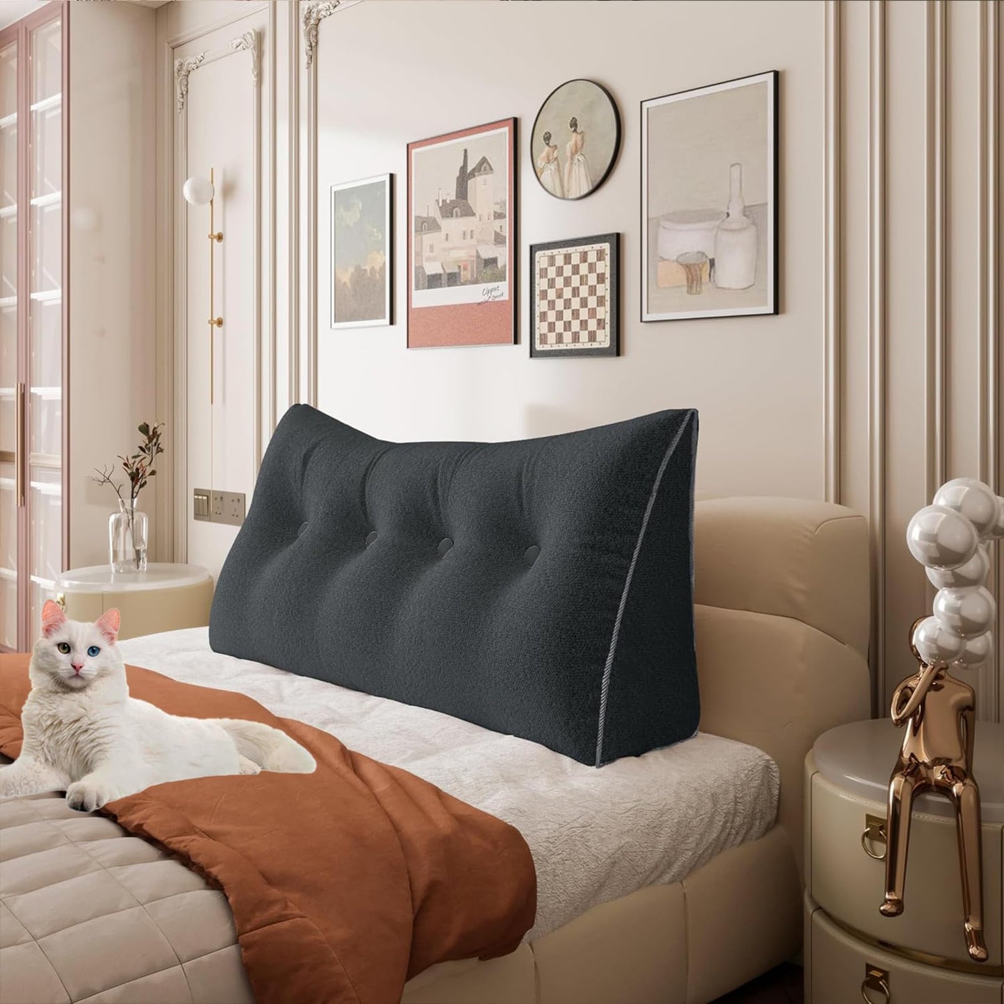 Kaymarli Queen Size Wedge Headboard Pillow with Side Pockets, Velvet Back Support Reading Pillow with Removable Washable Cover