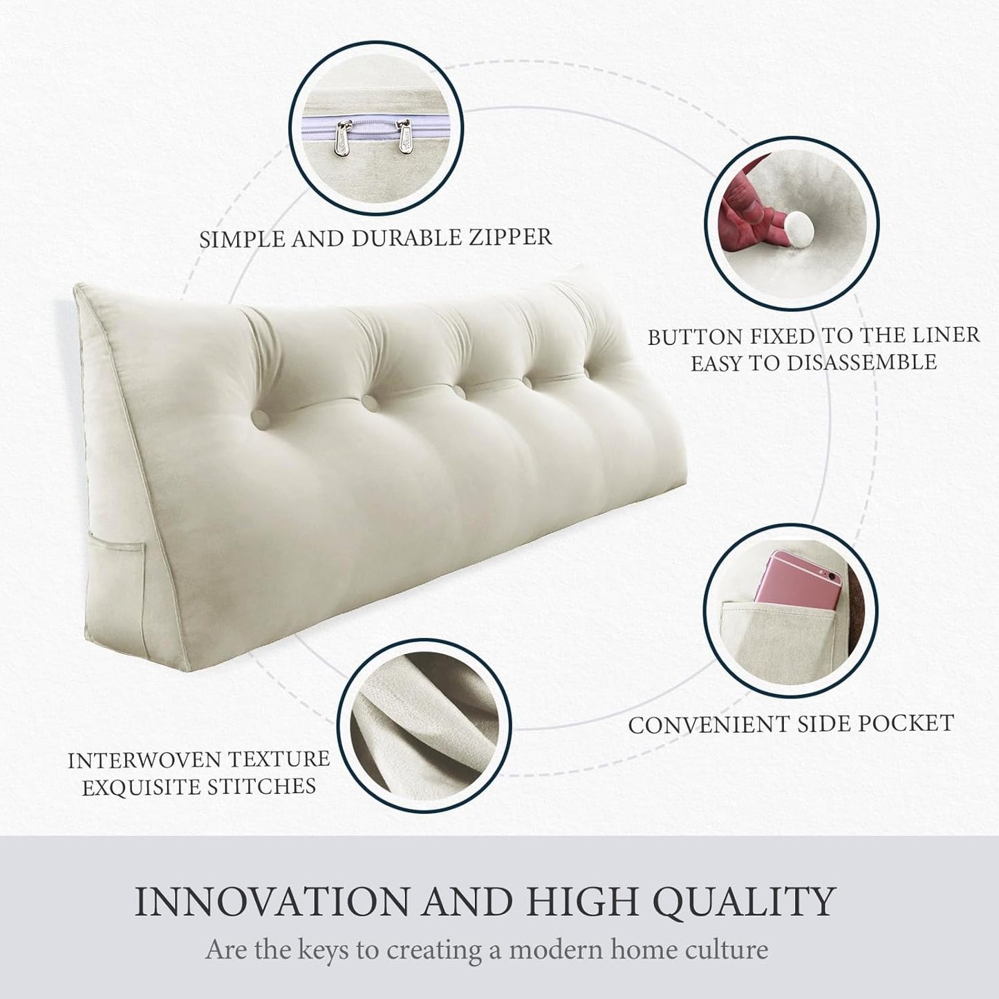 Kaymarli Queen Size Wedge Headboard Pillow with Side Pockets, Velvet Back Support Reading Pillow with Removable Washable Cover
