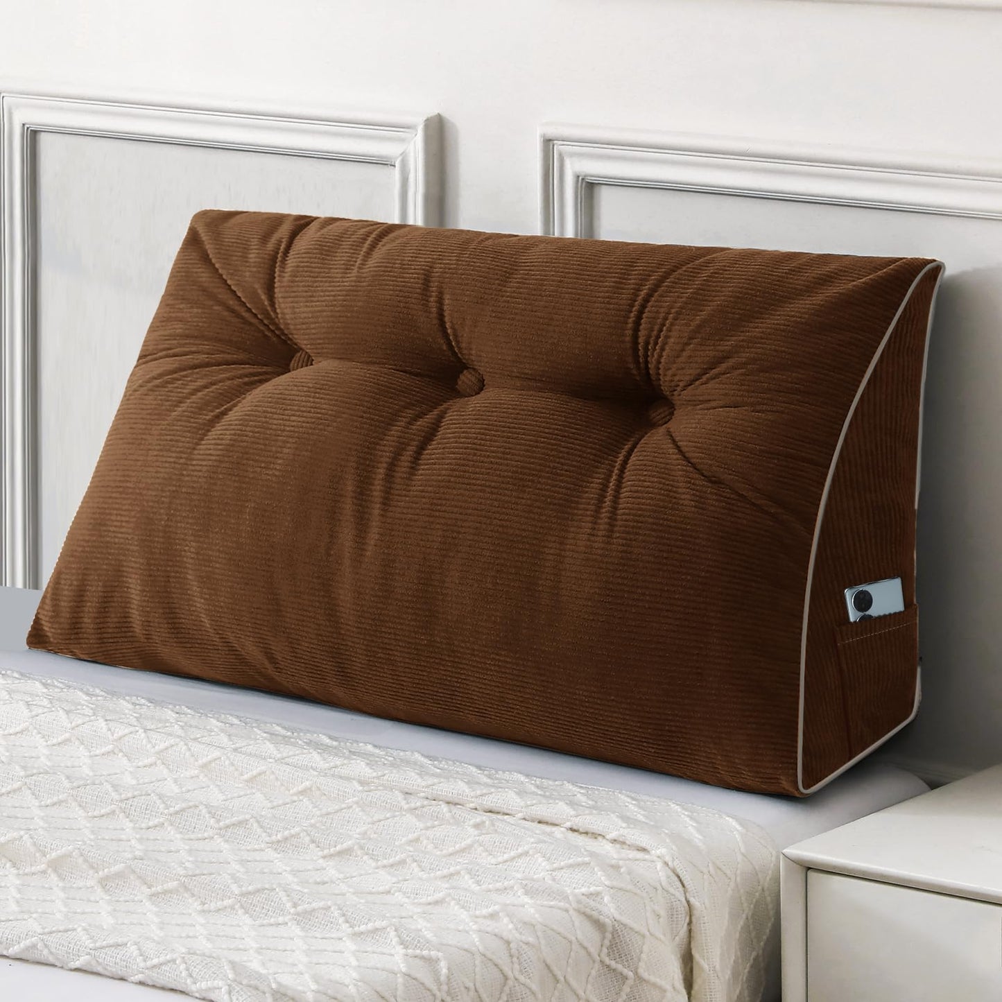 Kaymarli Queen Size Wedge Headboard Pillow Set with 2 Bolster Pillows, Velvet Back Support Reading Pillow with Removable Washable Cover
