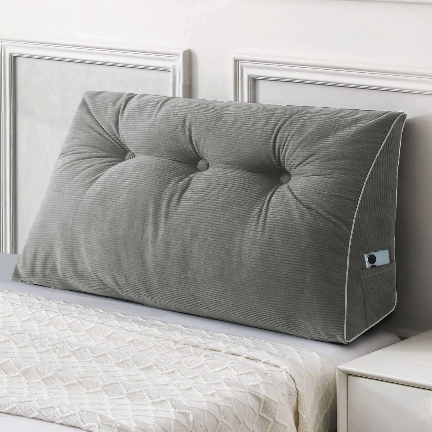 Kaymarli Queen Size Wedge Headboard Pillow Set with 2 Bolster Pillows, Velvet Back Support Reading Pillow with Removable Washable Cover