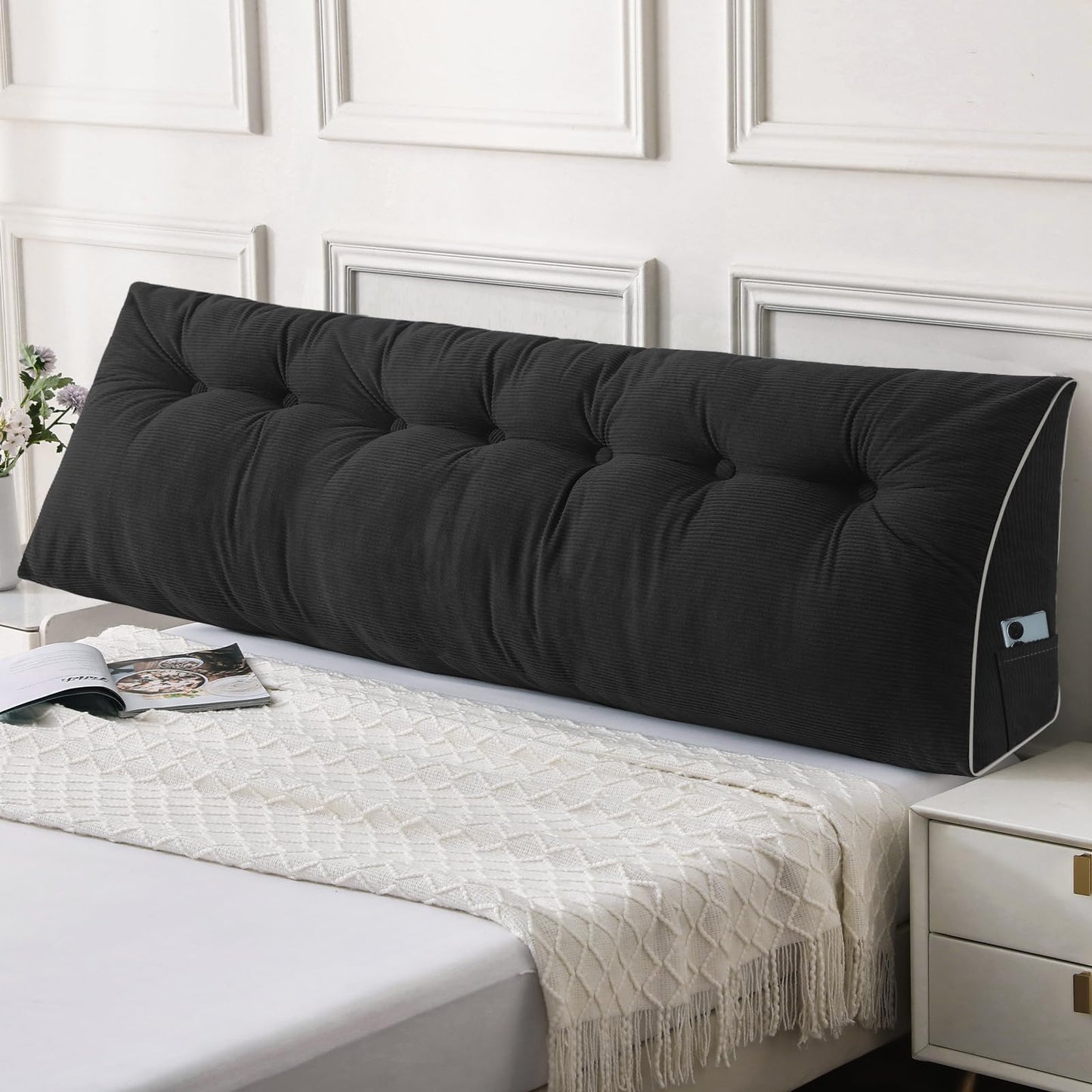 Kaymarli Queen Size Wedge Headboard Pillow Set with 2 Bolster Pillows, Velvet Back Support Reading Pillow with Removable Washable Cover