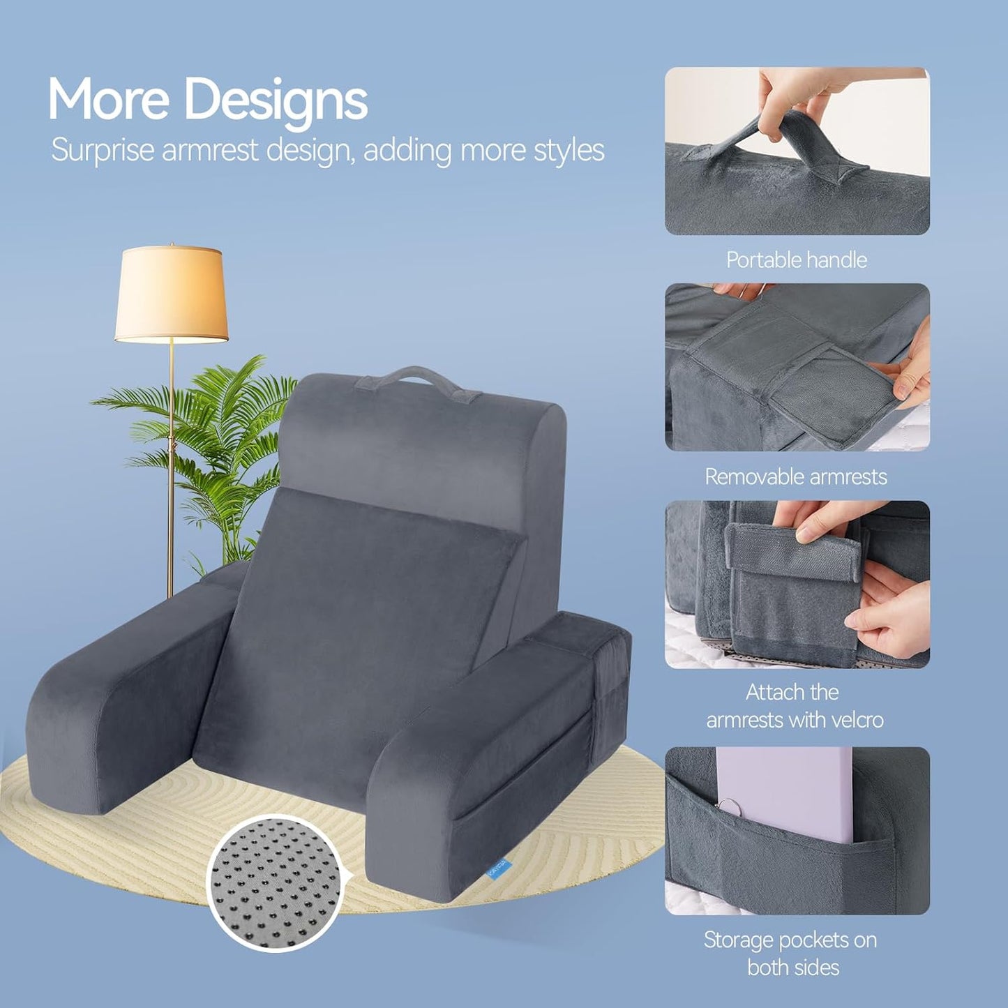 Kaymarli Adjustable Reading Pillow with Convertible Backrest, Memory Foam Bed Rest Pillow with Removable Arms and Side Pockets