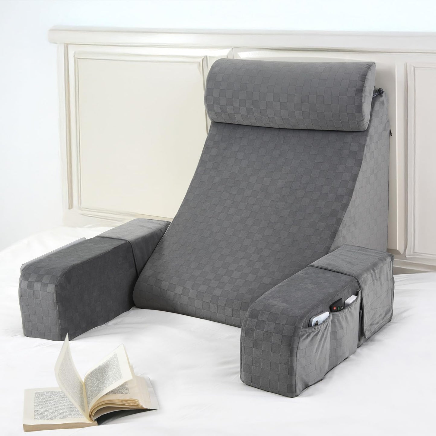 Kaymarli 19-Inch Wedge Reading Pillow with Removable Arms, Bed Rest Back Support Pillow with Side Pockets