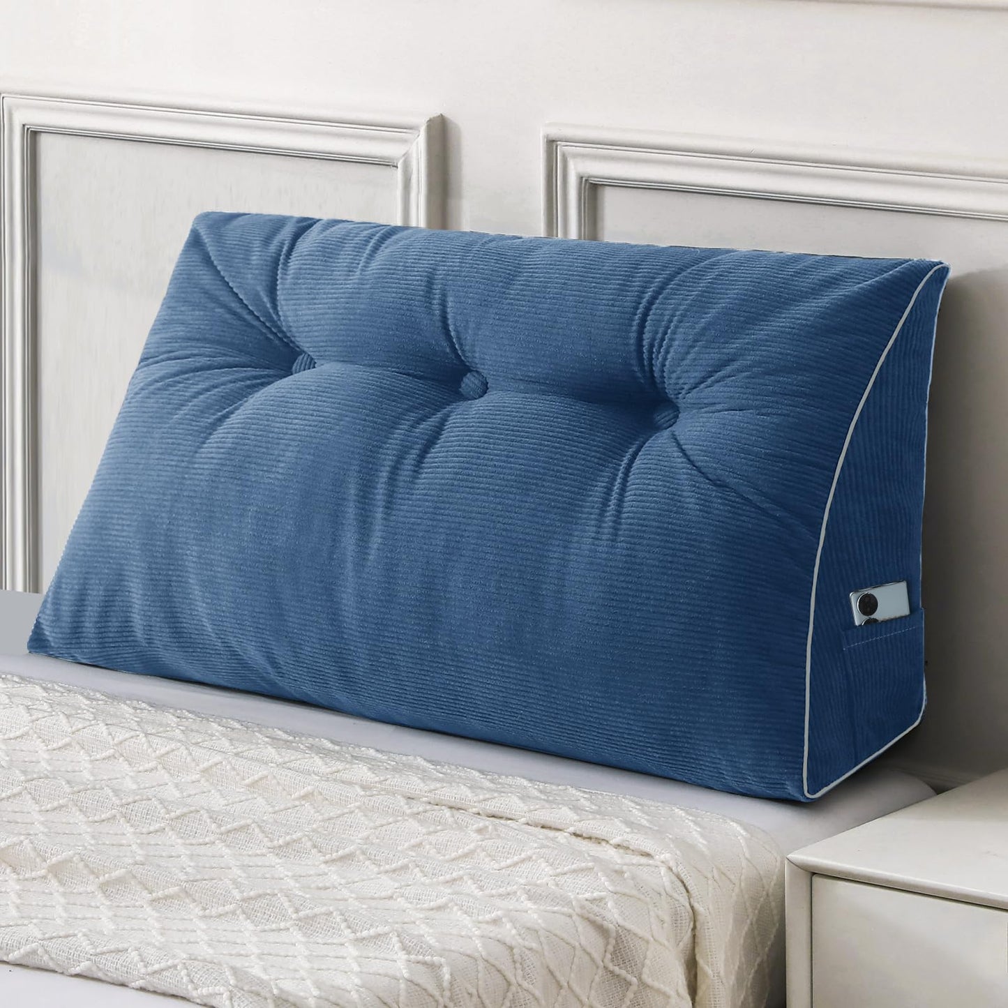 Kaymarli Queen Size Wedge Headboard Pillow Set with 2 Bolster Pillows, Velvet Back Support Reading Pillow with Removable Washable Cover