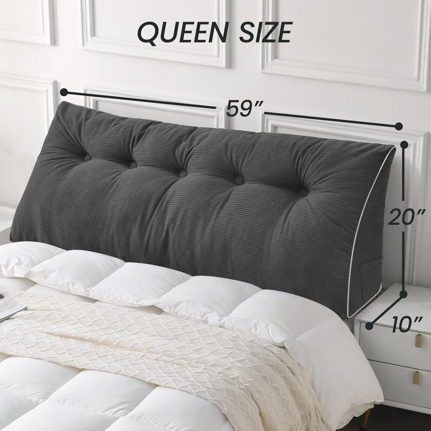 Kaymarli Queen Size Wedge Headboard Pillow Set with 2 Bolster Pillows, Velvet Back Support Reading Pillow with Removable Washable Cover