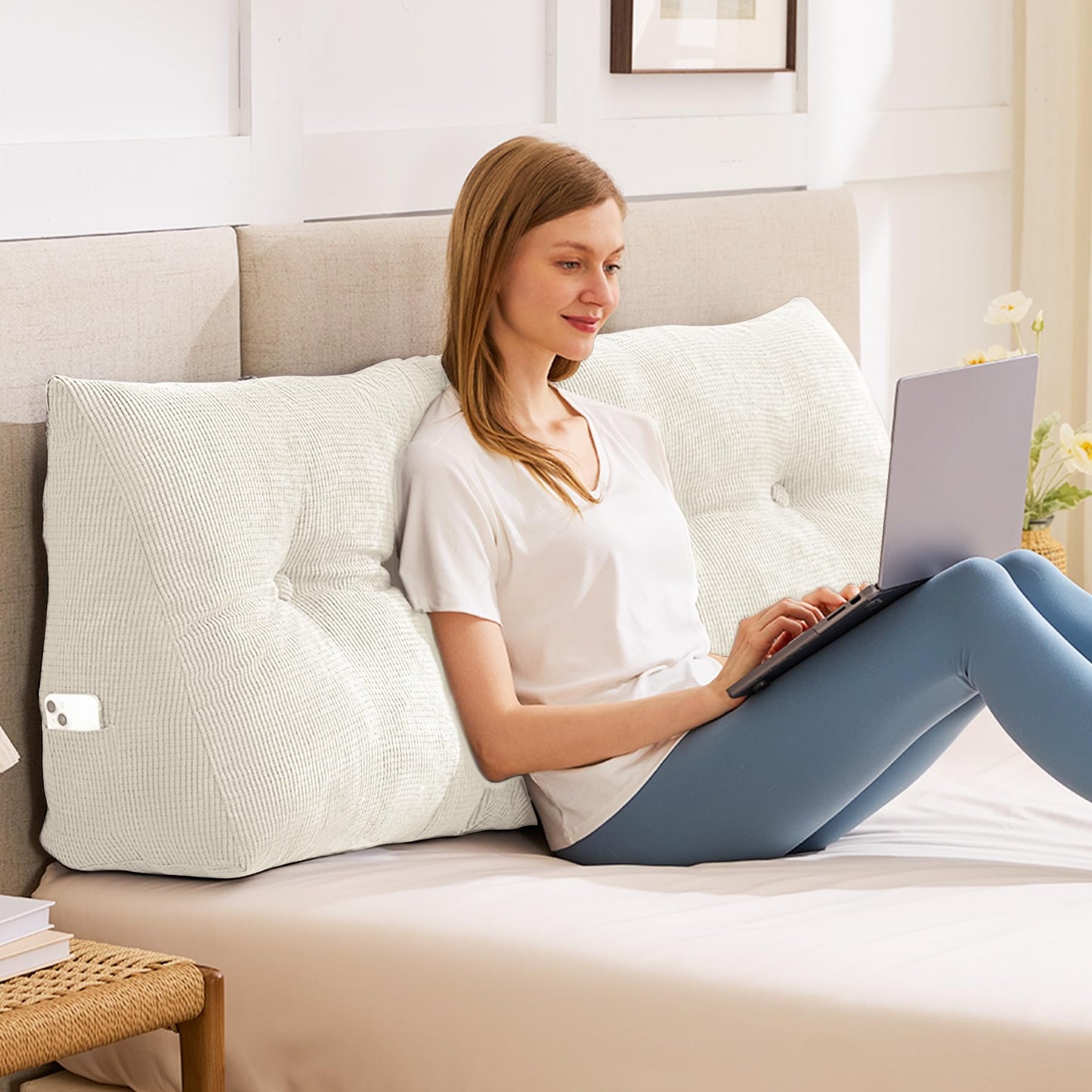 Kaymarli Queen Size Wedge Headboard Pillow with Side Pockets, Tufted Back Support Reading Pillow with Removable Washable Cover