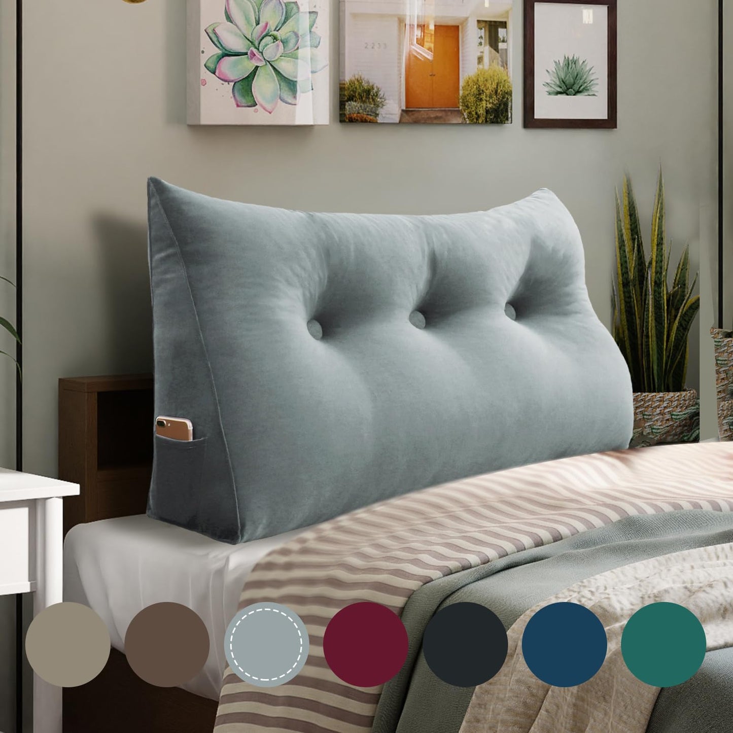 Kaymarli Queen Size Wedge Headboard Pillow with Side Pockets, Velvet Back Support Reading Pillow with Removable Washable Cover
