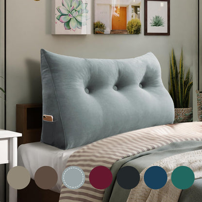 Kaymarli Queen Size Wedge Headboard Pillow with Side Pockets, Velvet Back Support Reading Pillow with Removable Washable Cover
