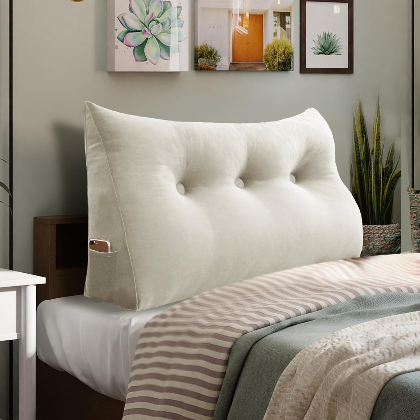 Kaymarli Queen Size Wedge Headboard Pillow with Side Pockets, Velvet Back Support Reading Pillow with Removable Washable Cover