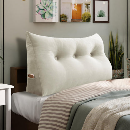 Kaymarli Queen Size Wedge Headboard Pillow with Side Pockets, Velvet Back Support Reading Pillow with Removable Washable Cover