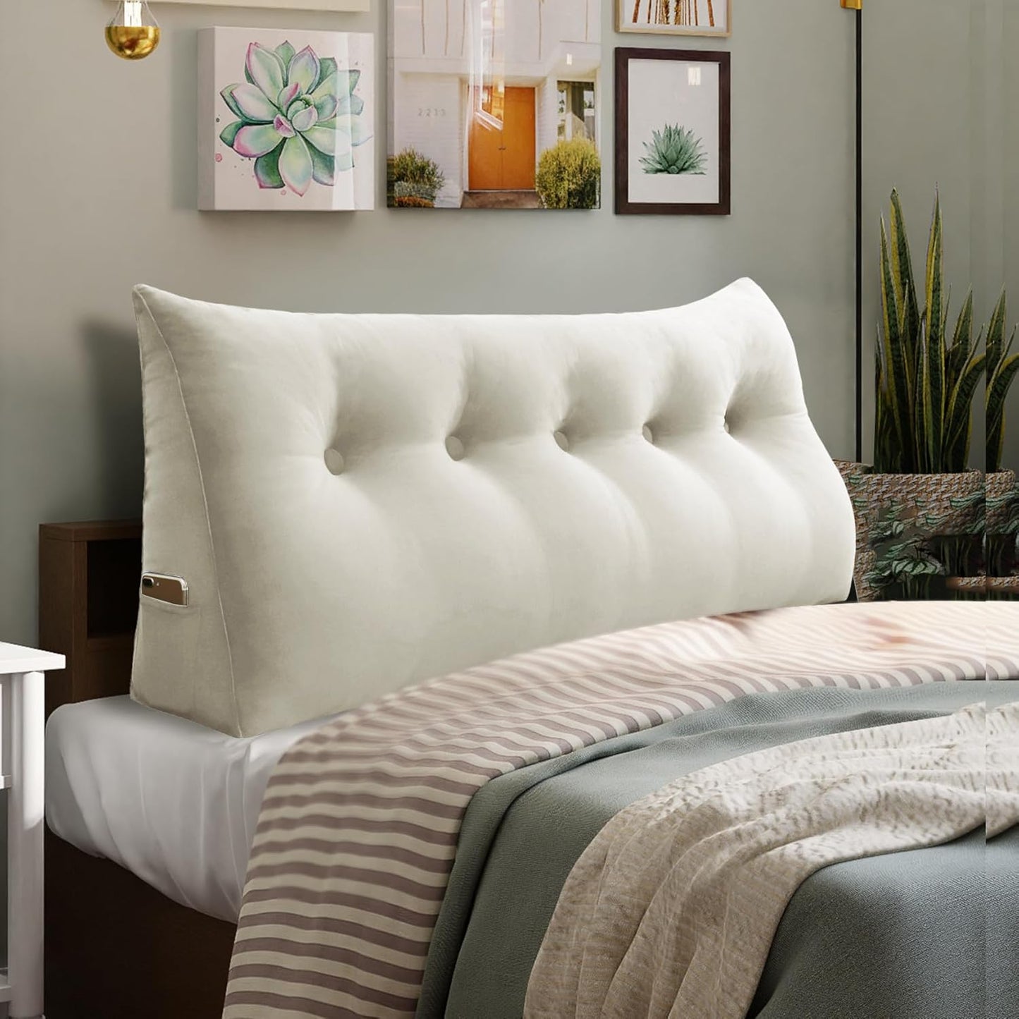 Kaymarli Queen Size Wedge Headboard Pillow with Side Pockets, Velvet Back Support Reading Pillow with Removable Washable Cover