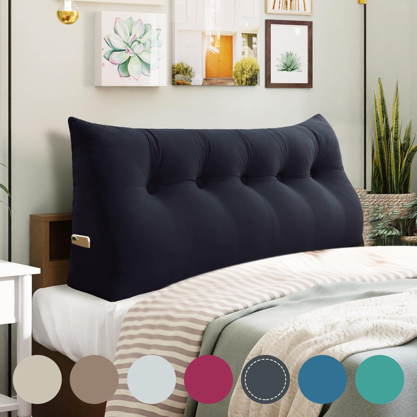 Kaymarli Queen Size Wedge Headboard Pillow with Side Pockets, Velvet Back Support Reading Pillow with Removable Washable Cover