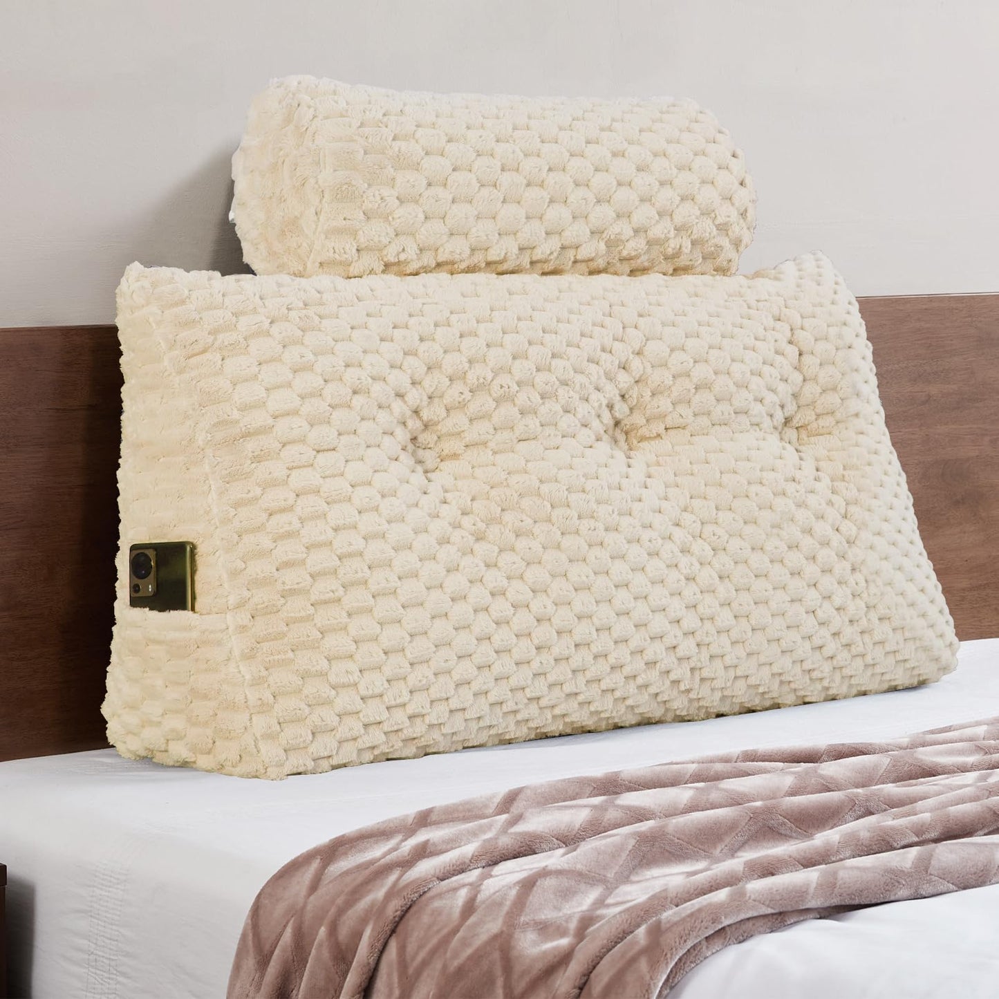 Kaymarli Queen Size Wedge Headboard Pillow Set with 2 Roll Pillows, Velvet Back Support Reading Pillow with Removable Washable Cover
