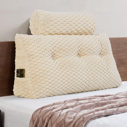 Kaymarli Queen Size Wedge Headboard Pillow Set with 2 Roll Pillows, Velvet Back Support Reading Pillow with Removable Washable Cover
