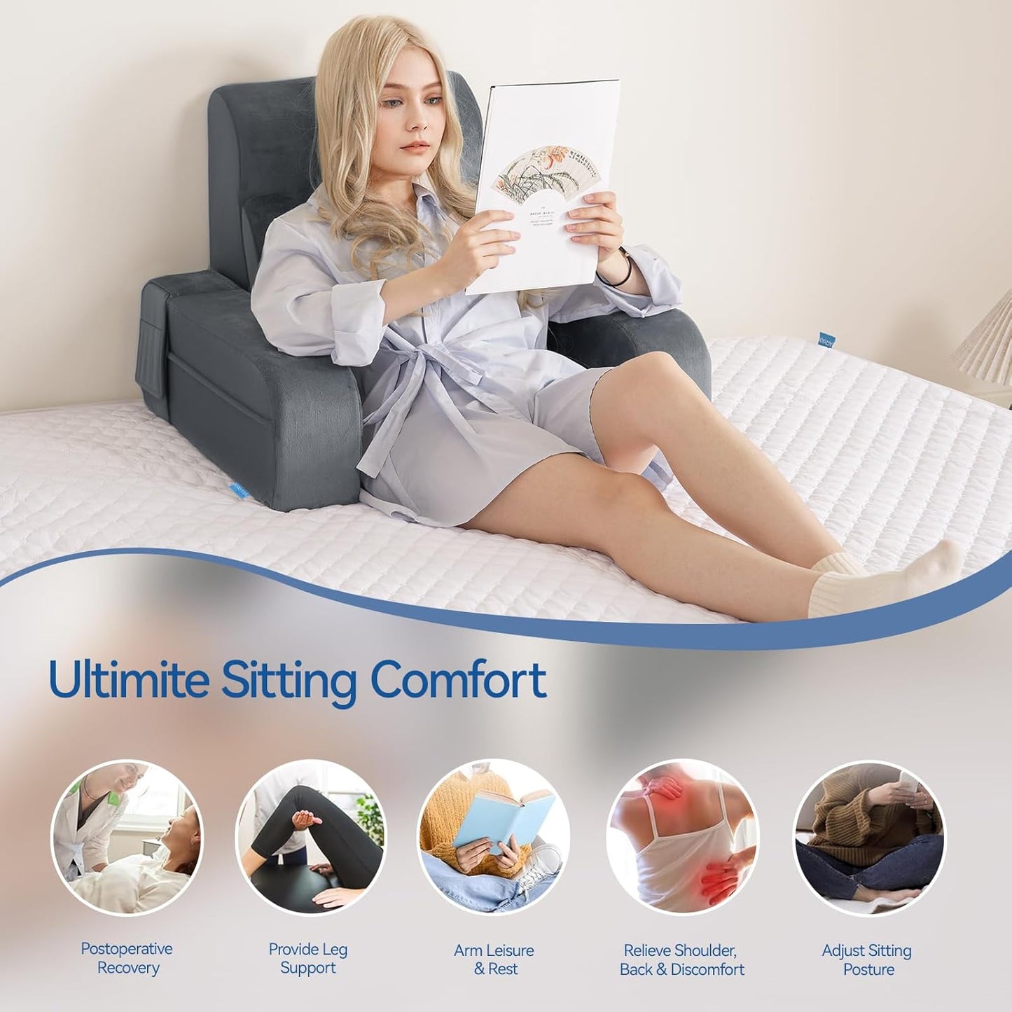 Kaymarli Adjustable Reading Pillow with Convertible Backrest, Memory Foam Bed Rest Pillow with Removable Arms and Side Pockets