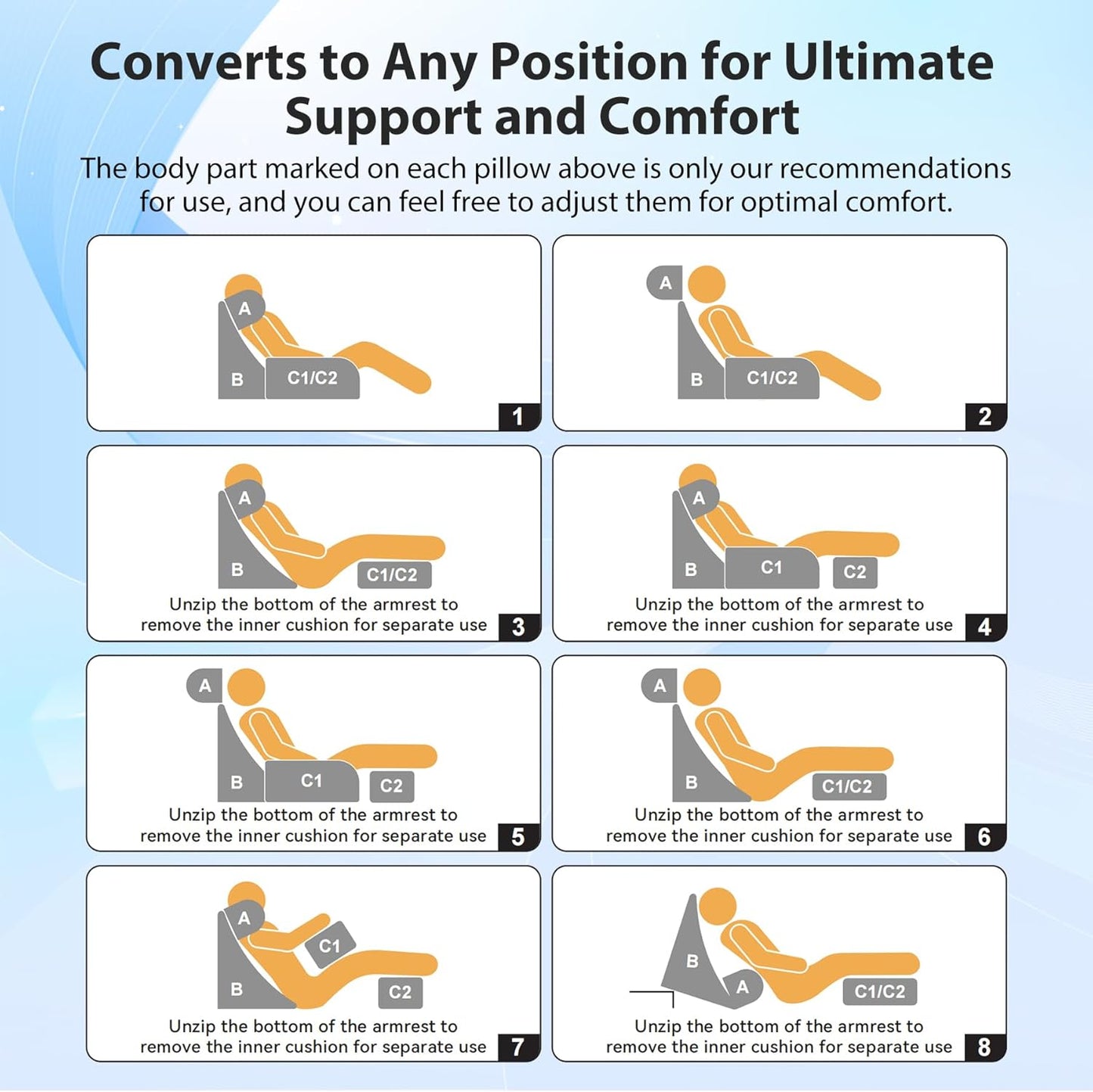 Kaymarli Medium Foam Reading Pillow with Detachable Arms and Headrest, Bed Rest Back Support Pillow with Side Pockets