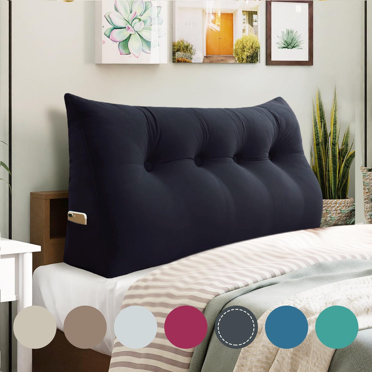 Kaymarli Queen Size Wedge Headboard Pillow with Side Pockets, Velvet Back Support Reading Pillow with Removable Washable Cover