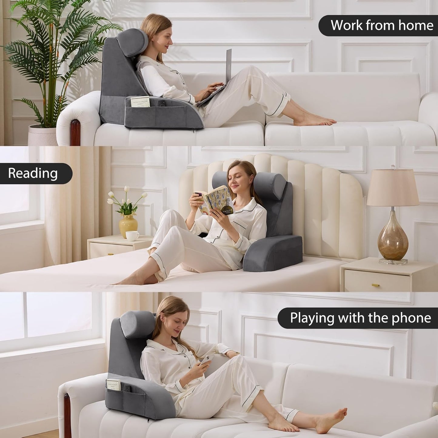 Kaymarli Medium Foam Reading Pillow with Detachable Arms and Headrest, Bed Rest Back Support Pillow with Side Pockets
