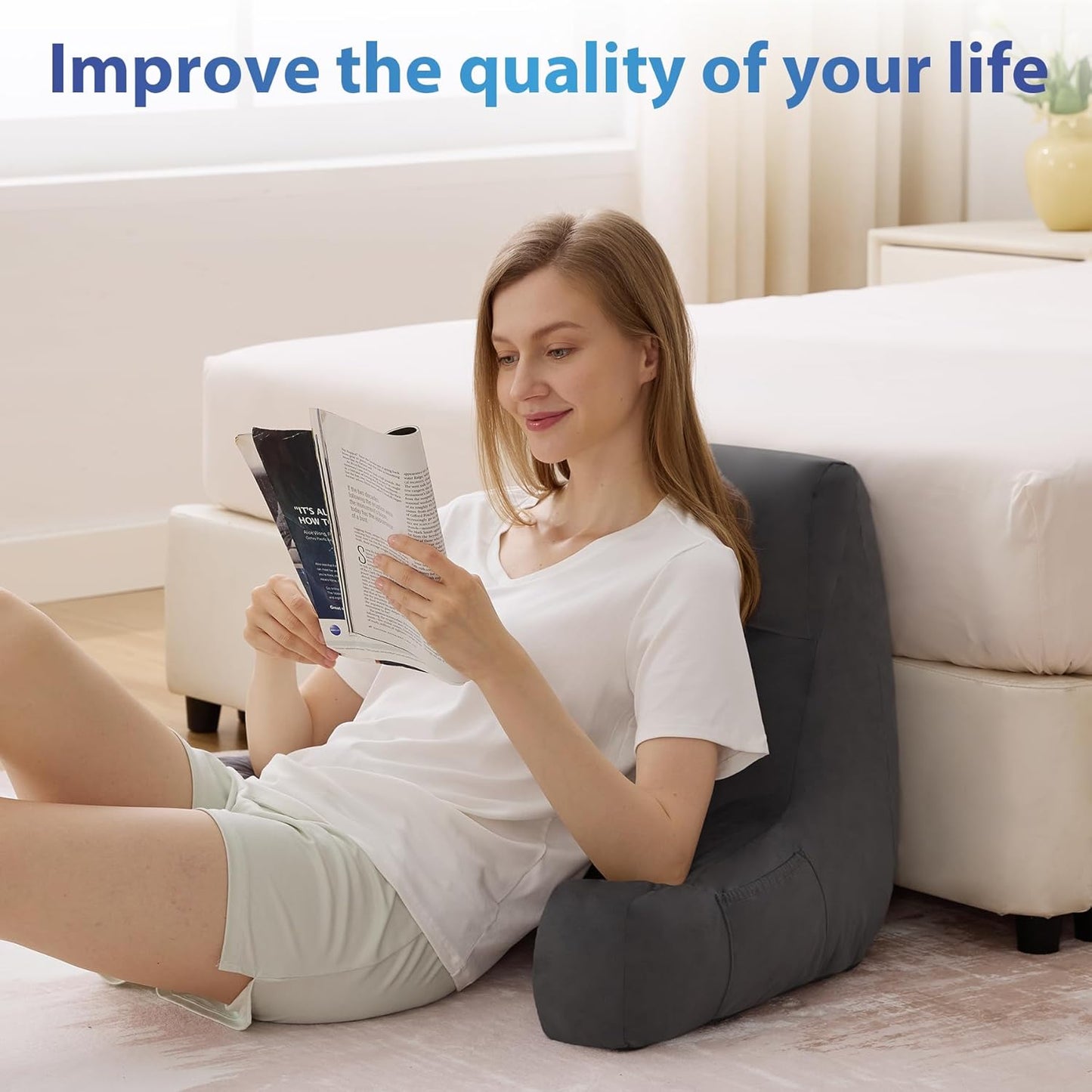 Kaymarli 18-Inch Shredded Memory Foam Reading Pillow with Arms, Velvet Bed Rest Back Support Pillow with Side Pocket