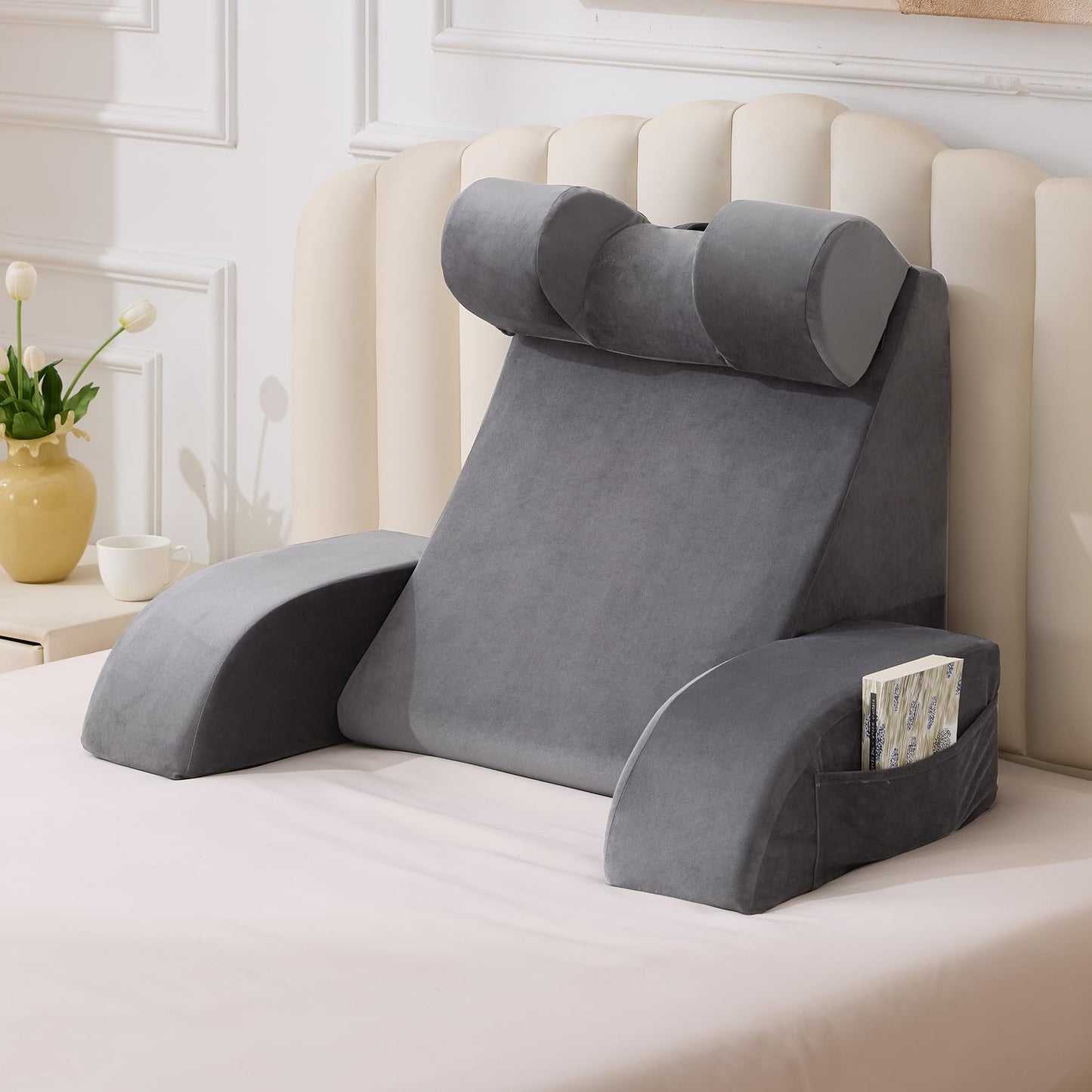 Kaymarli Medium Foam Reading Pillow with Detachable Arms and Headrest, Bed Rest Back Support Pillow with Side Pockets