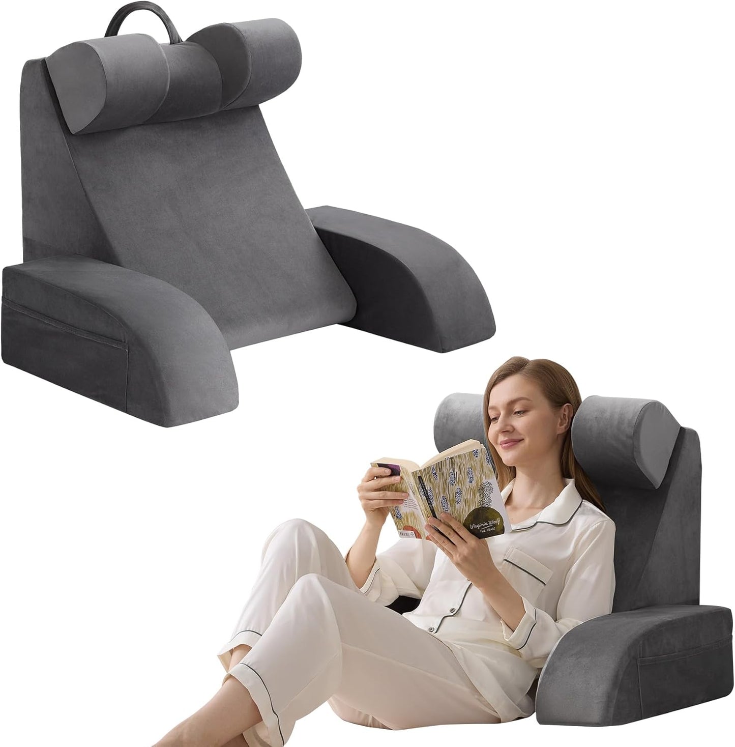 Kaymarli Medium Foam Reading Pillow with Detachable Arms and Headrest, Bed Rest Back Support Pillow with Side Pockets