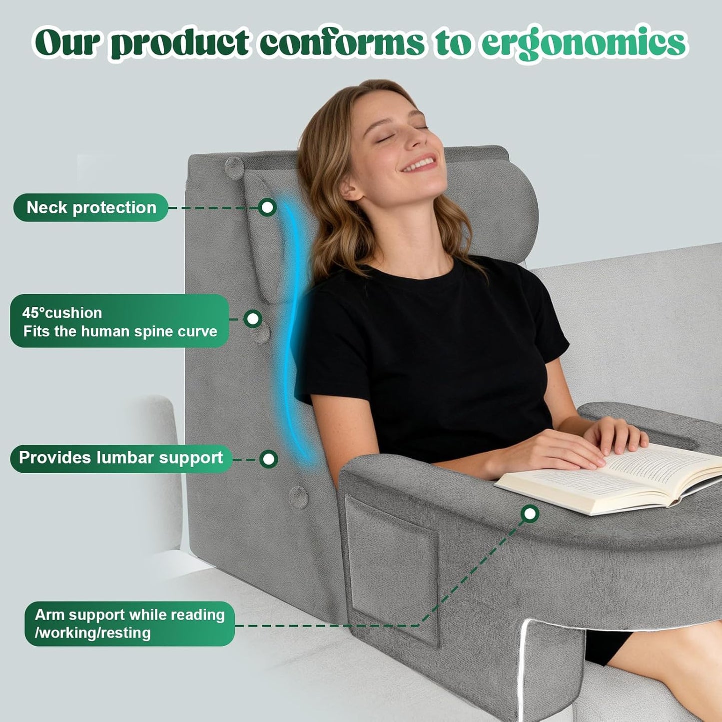 Kaymarli Adjustable 3-Piece Reading Wedge Pillow Set with Laptop Tray, Modular Bed Rest Support System with Side Pockets
