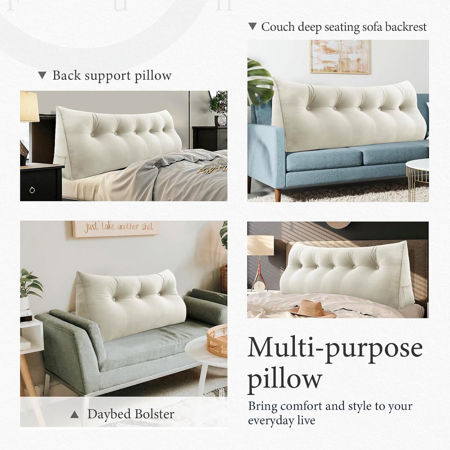 Kaymarli Queen Size Wedge Headboard Pillow with Side Pockets, Velvet Back Support Reading Pillow with Removable Washable Cover