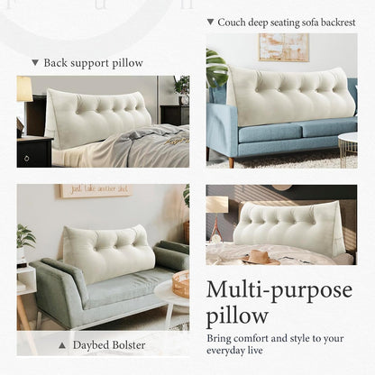 Kaymarli Queen Size Wedge Headboard Pillow with Side Pockets, Velvet Back Support Reading Pillow with Removable Washable Cover