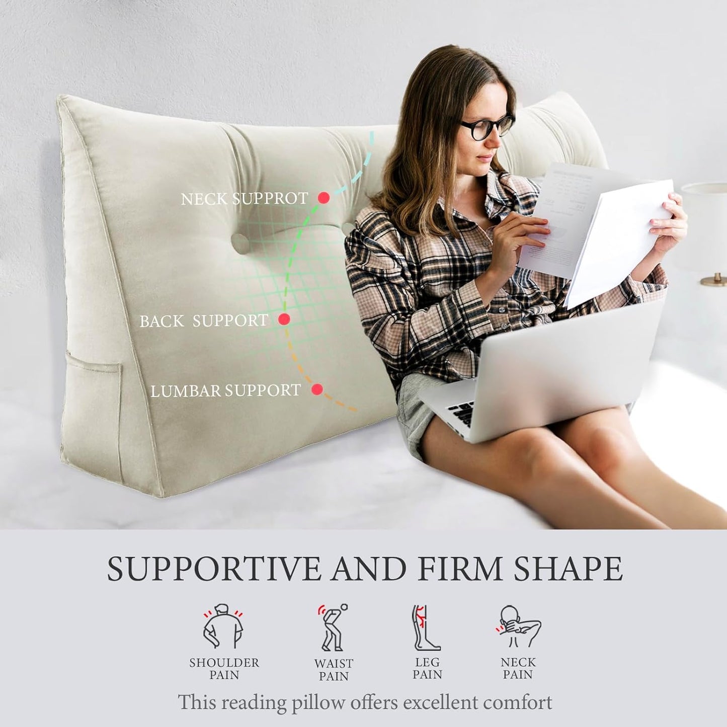 Kaymarli Queen Size Wedge Headboard Pillow with Side Pockets, Velvet Back Support Reading Pillow with Removable Washable Cover