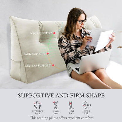Kaymarli Queen Size Wedge Headboard Pillow with Side Pockets, Velvet Back Support Reading Pillow with Removable Washable Cover