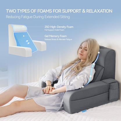 Kaymarli Adjustable Reading Pillow with Convertible Backrest, Memory Foam Bed Rest Pillow with Removable Arms and Side Pockets