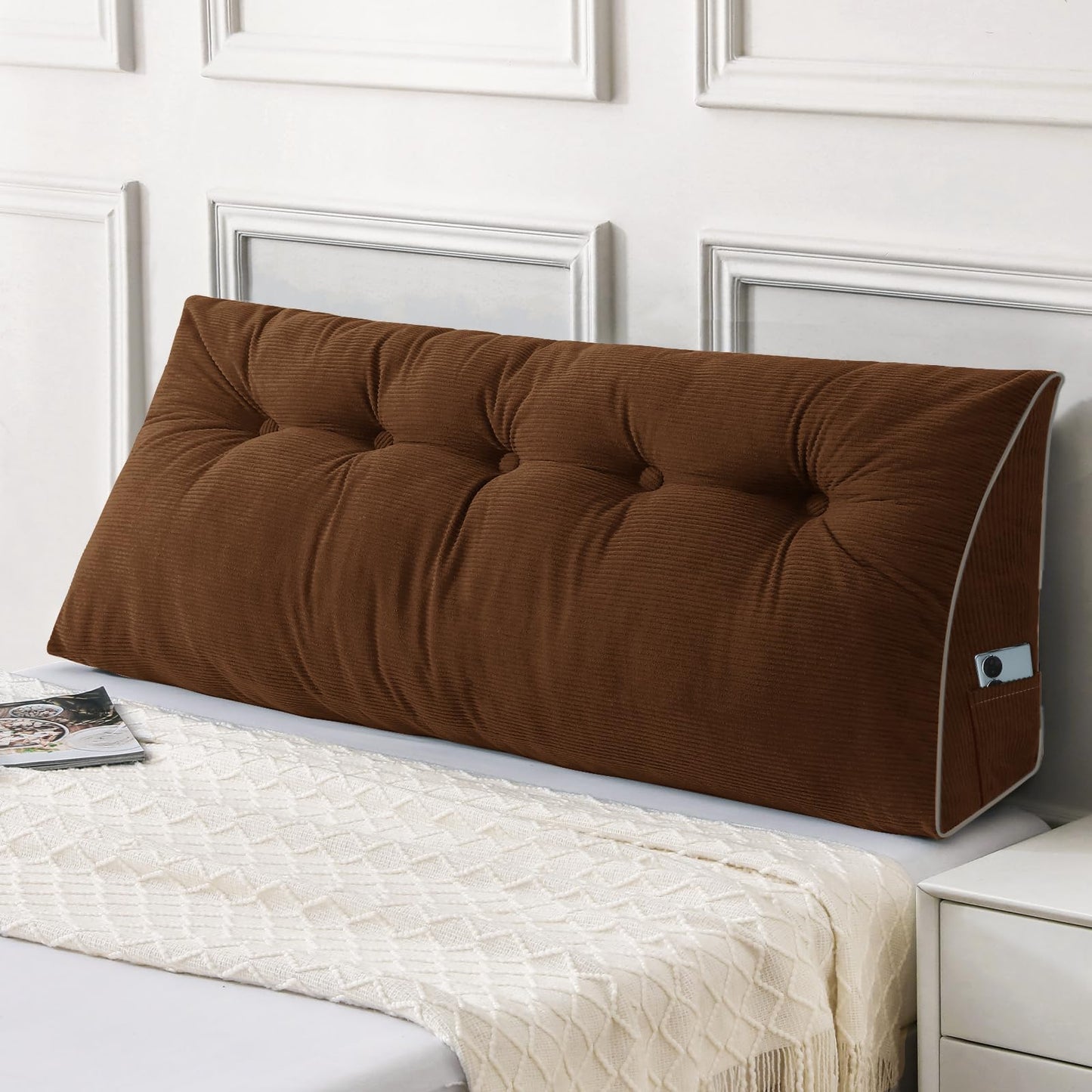 Kaymarli Queen Size Wedge Headboard Pillow Set with 2 Bolster Pillows, Velvet Back Support Reading Pillow with Removable Washable Cover