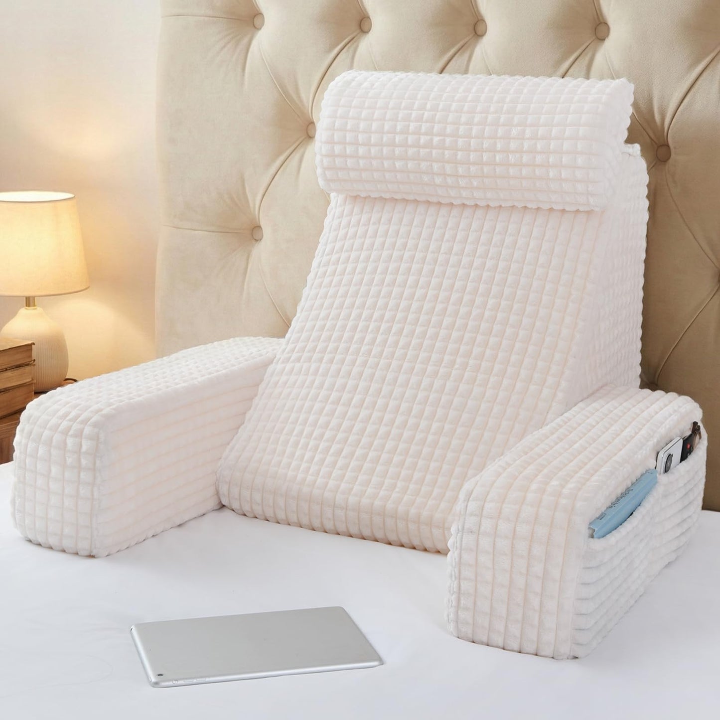 Kaymarli 19-Inch Wedge Reading Pillow with Removable Arms, Bed Rest Back Support Pillow with Side Pockets