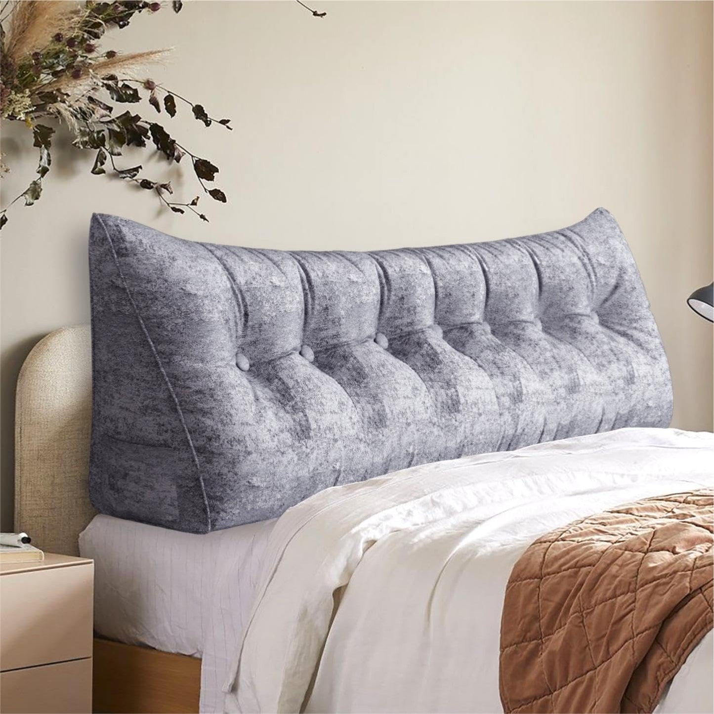 Kaymarli Queen Size Wedge Headboard Pillow with Side Pockets, Velvet Back Support Reading Pillow with Removable Washable Cover