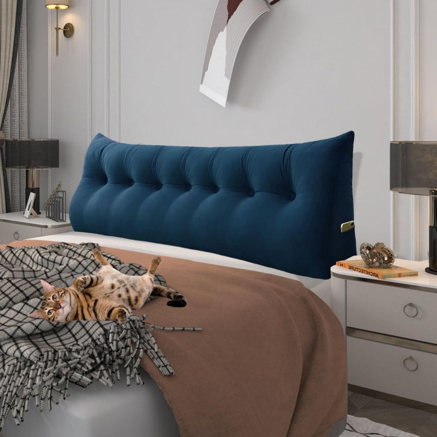 Kaymarli Queen Size Wedge Headboard Pillow with Side Pockets, Velvet Back Support Reading Pillow with Removable Washable Cover