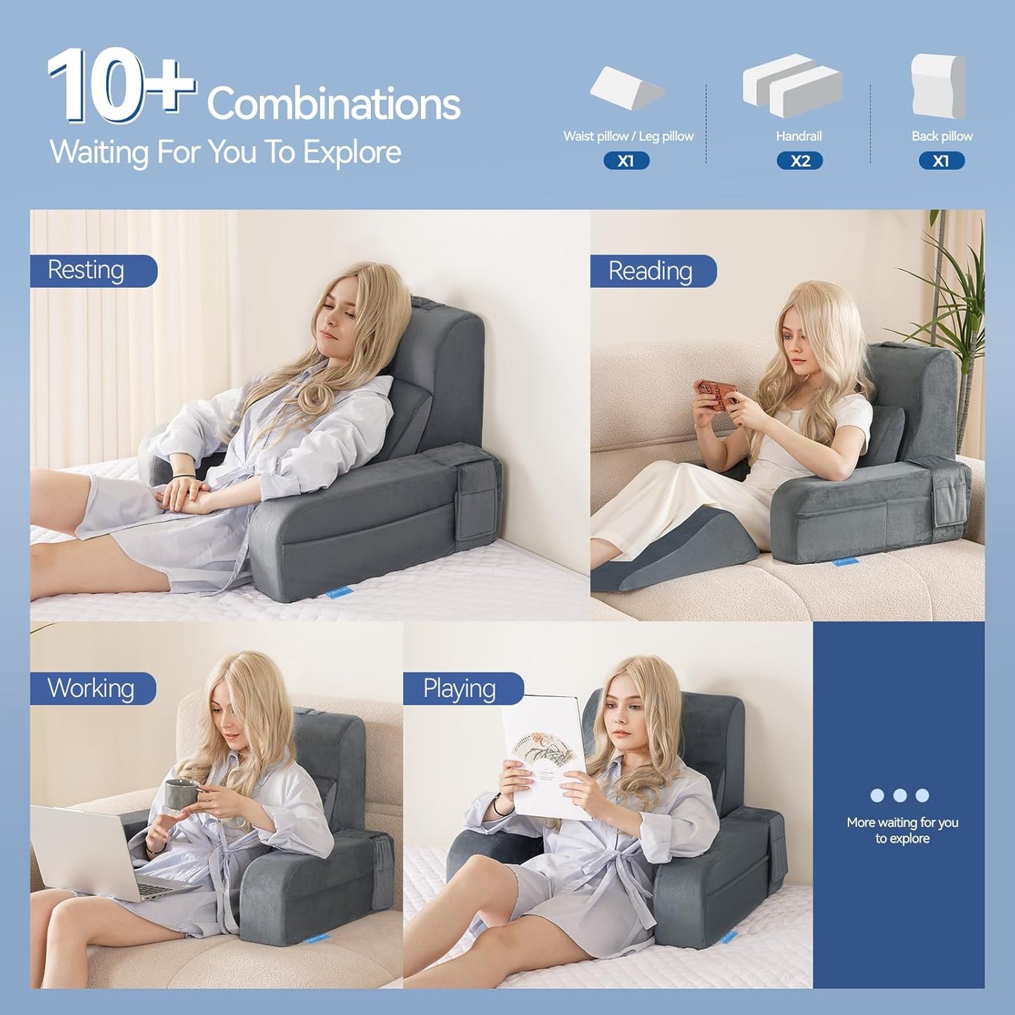 Kaymarli Adjustable Reading Pillow with Convertible Backrest, Memory Foam Bed Rest Pillow with Removable Arms and Side Pockets