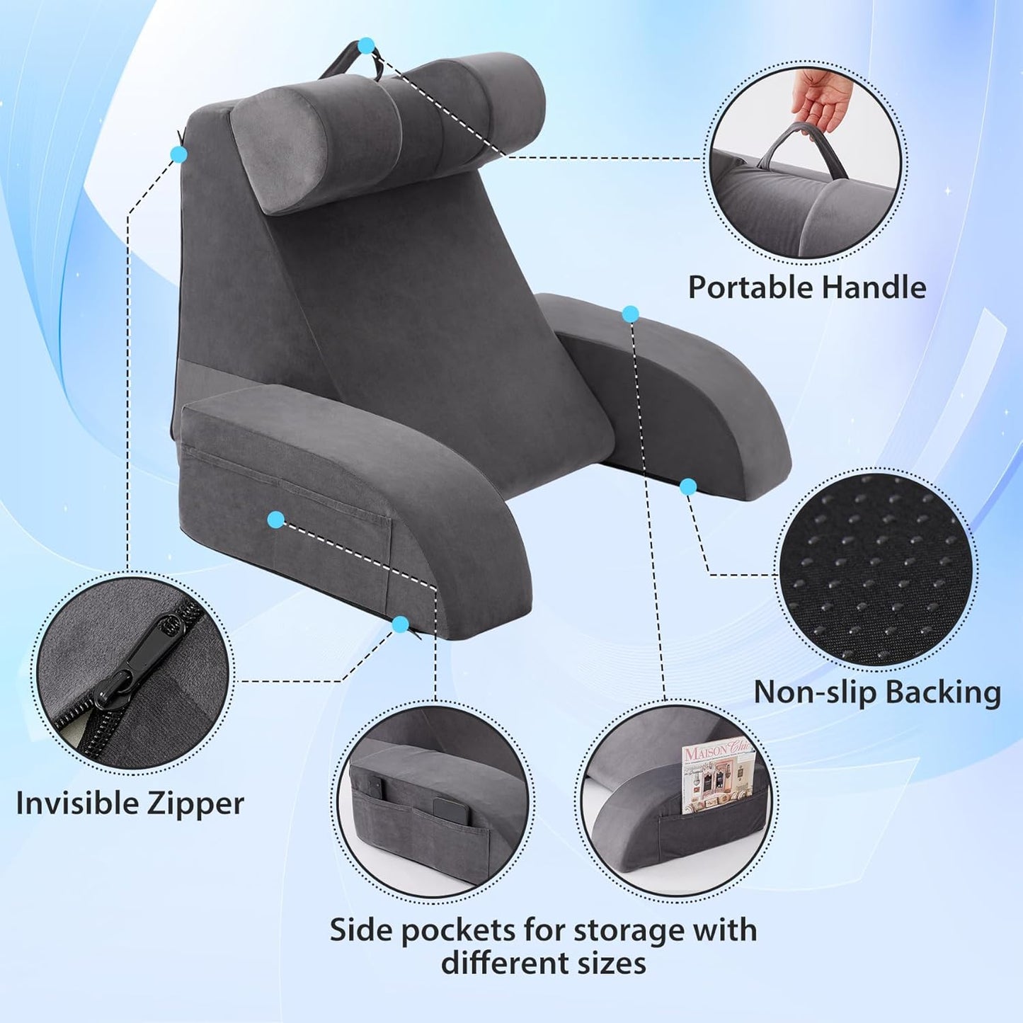 Kaymarli Medium Foam Reading Pillow with Detachable Arms and Headrest, Bed Rest Back Support Pillow with Side Pockets