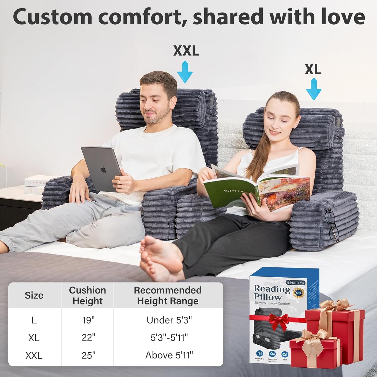 Kaymarli 60-Degree Wedge Reading Pillow with Faux Fur Cover, Side Pockets and Portable Handle, XL Bed Rest Back Support Pillow