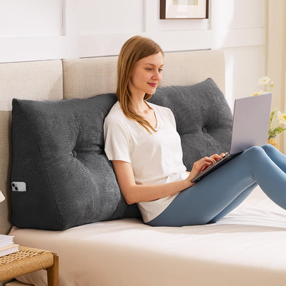 Kaymarli Queen Size Wedge Headboard Pillow with Side Pockets, Tufted Back Support Reading Pillow with Removable Washable Cover