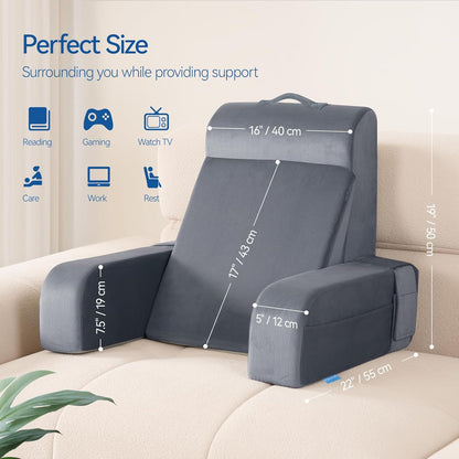 Kaymarli Adjustable Reading Pillow with Convertible Backrest, Memory Foam Bed Rest Pillow with Removable Arms and Side Pockets